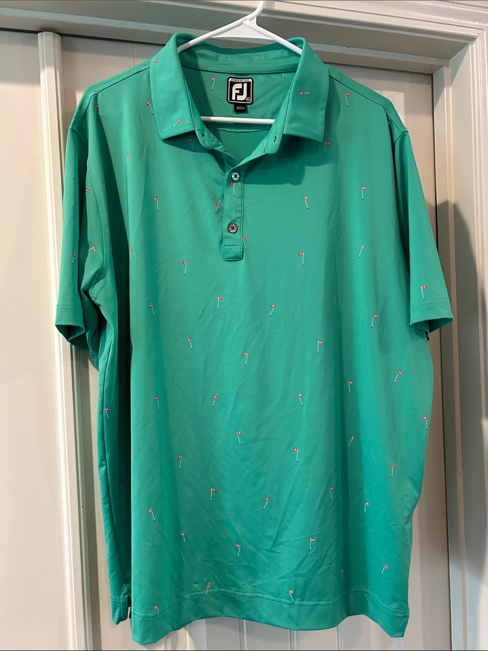 Mens XL FootJoy Green Short Sleeve Polo with Tiny Pink Flag Print